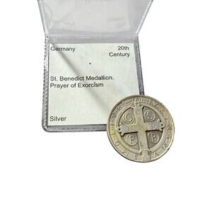Antique 20th Century St. Benedict Medallion Germany Silver Prayer of Exorcism